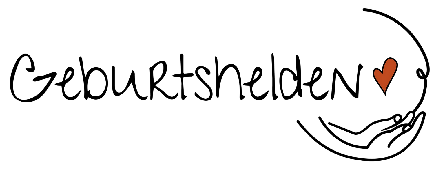 Text im Handschriftstil: „Geburtshelden“ mit Herzsymbol, wichtiger Überschrift und darunter einer Abbildung von zwei sich haltenden Händen.
